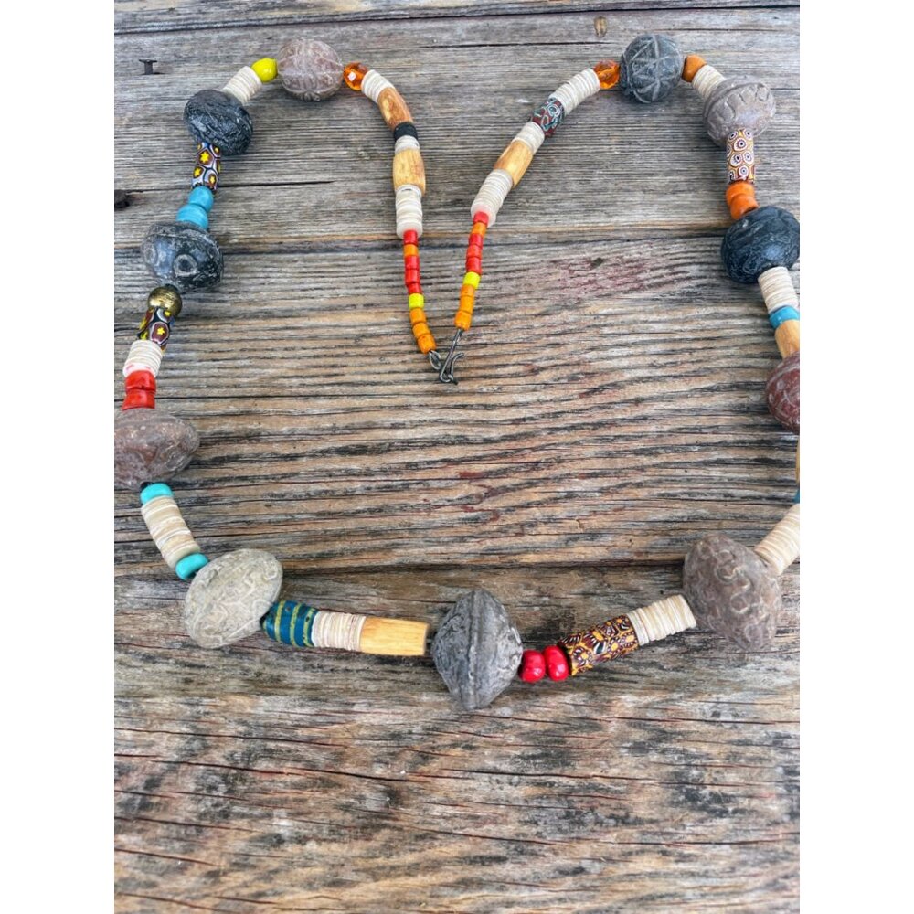 Vintage African Trade Bead Necklace HUGE Clay Beads millefiori Glass Sterling Cl - Picture 16 of 16